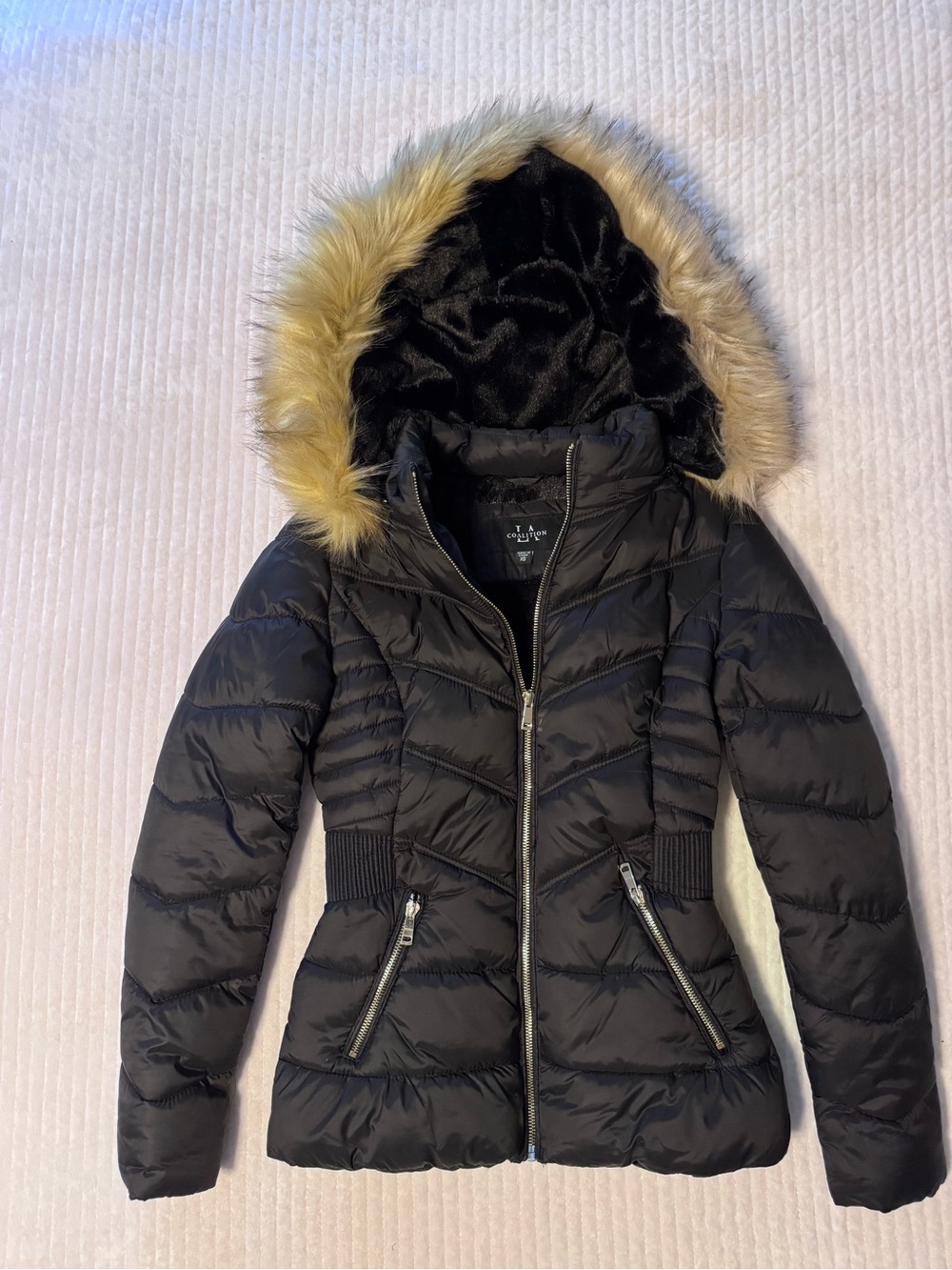 Black Quilted Hooded Puffer Jacket with Faux Fur Trim | LA Coalition | XS